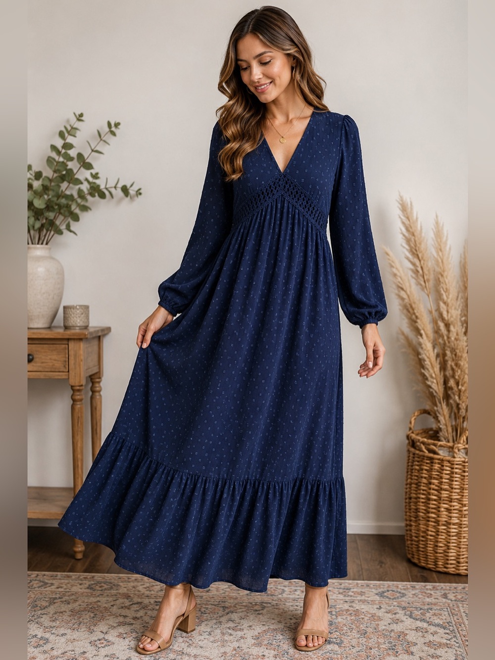 Styleword Women’s Navy Swiss Dot Boho Maxi Dress Long Sleeve Size M Cottagecore